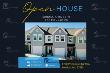 Join us for an Open House at 4720 Princess Lita Way, Raleigh, NC 27610 on Sunday, April 16 from 2:00pm - 4:00pm!