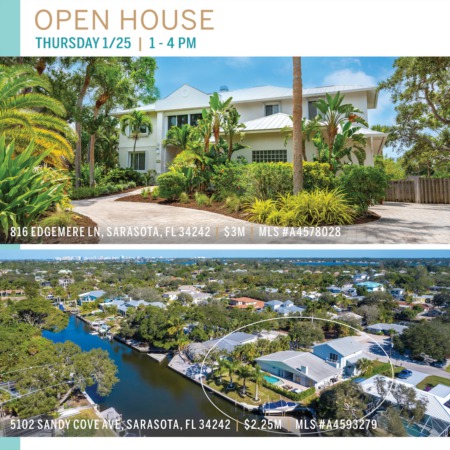 OPEN 1/25 THURSDAY 1 - 4 PM: Two Spectacular Siesta Key Homes on Boating Water