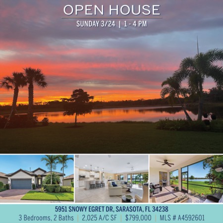 OPEN HOUSE: Lakefront in Sandhill Preserve on Palmer Ranch 1-4 PM SUNDAY 3/24