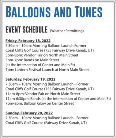 Balloons and Tunes Event Schedule ( Weather Permitting) February 18-20, 2022.