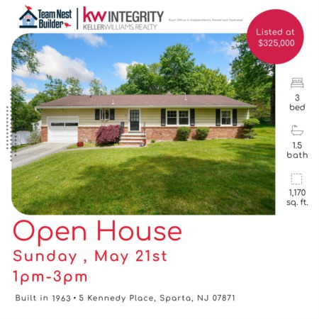 SUNDAY, MAY 21ST 1-3PM OPEN HOUSE at 5 Kennedy Place, Sparta, NJ 07871!