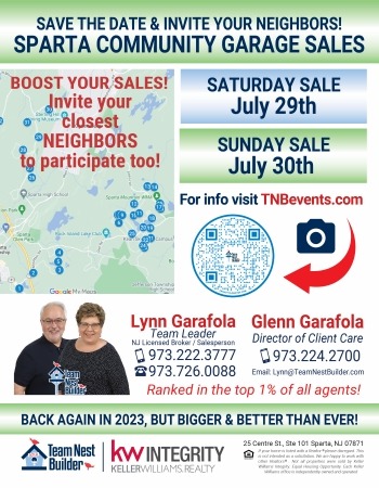 Sign up & Invite your Neighbors to Participate in Team Nest Builder's Annual Sparta Town-wide Garage Sale, now TWO DAYS, Saturday & Sunday, July 29th & 30th!