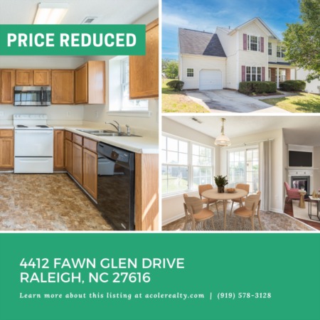 *PRICE REDUCTION*A $28,500 price adjustment has just been made on 4412 Fawn Glen Drive, Raleigh! Seller is also offering a $500 credit for a new kitchen stove.