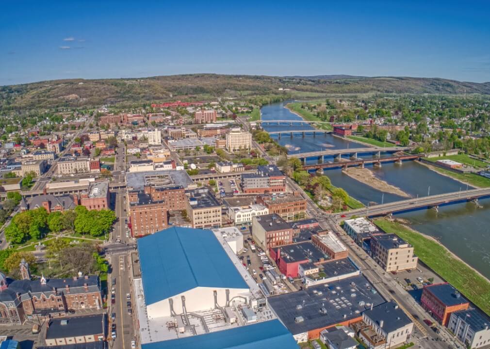 Aerial view of historic buildings and homes in Elmira, NY.