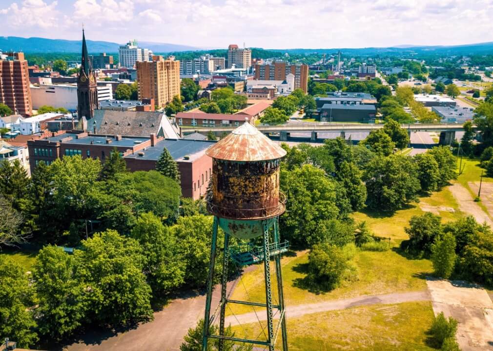#4. Scranton Wilkes-Barre, Pennsylvania Cityscape of Wilkes-Barre, PA with an old water tower in the foreground.