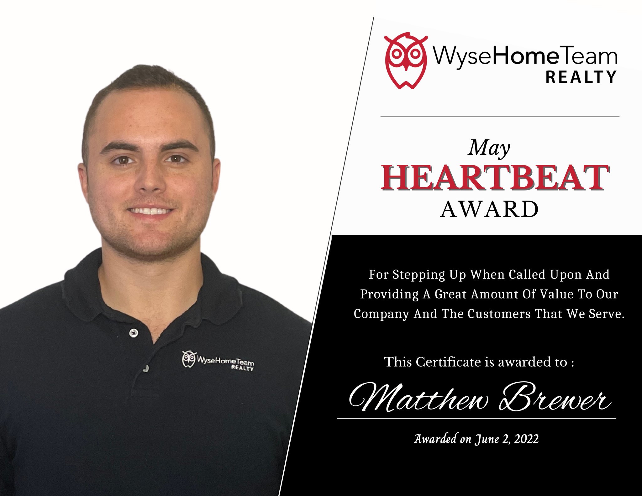 Matt Brewer May 2022 Heartbeat Award