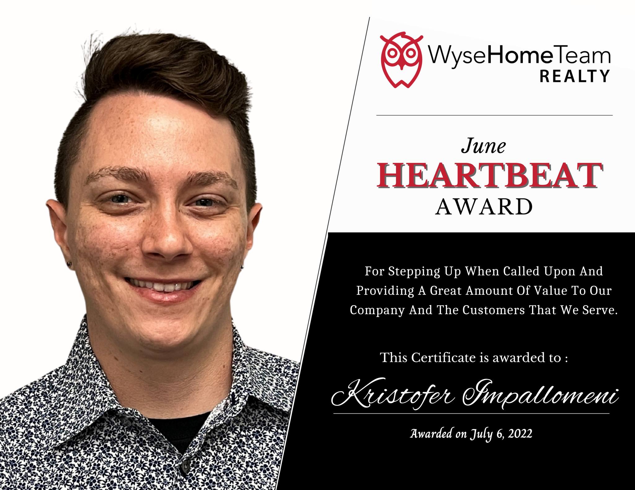Kris Impallomeni Heartbeat Employee of the Month Award