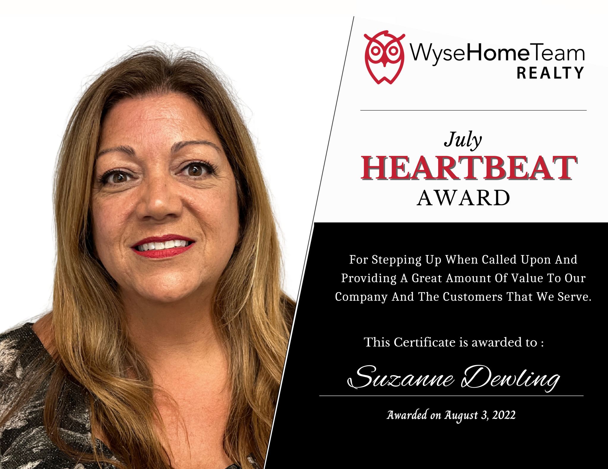 Suzanne Dwelling July 2022 Heartbeat Award