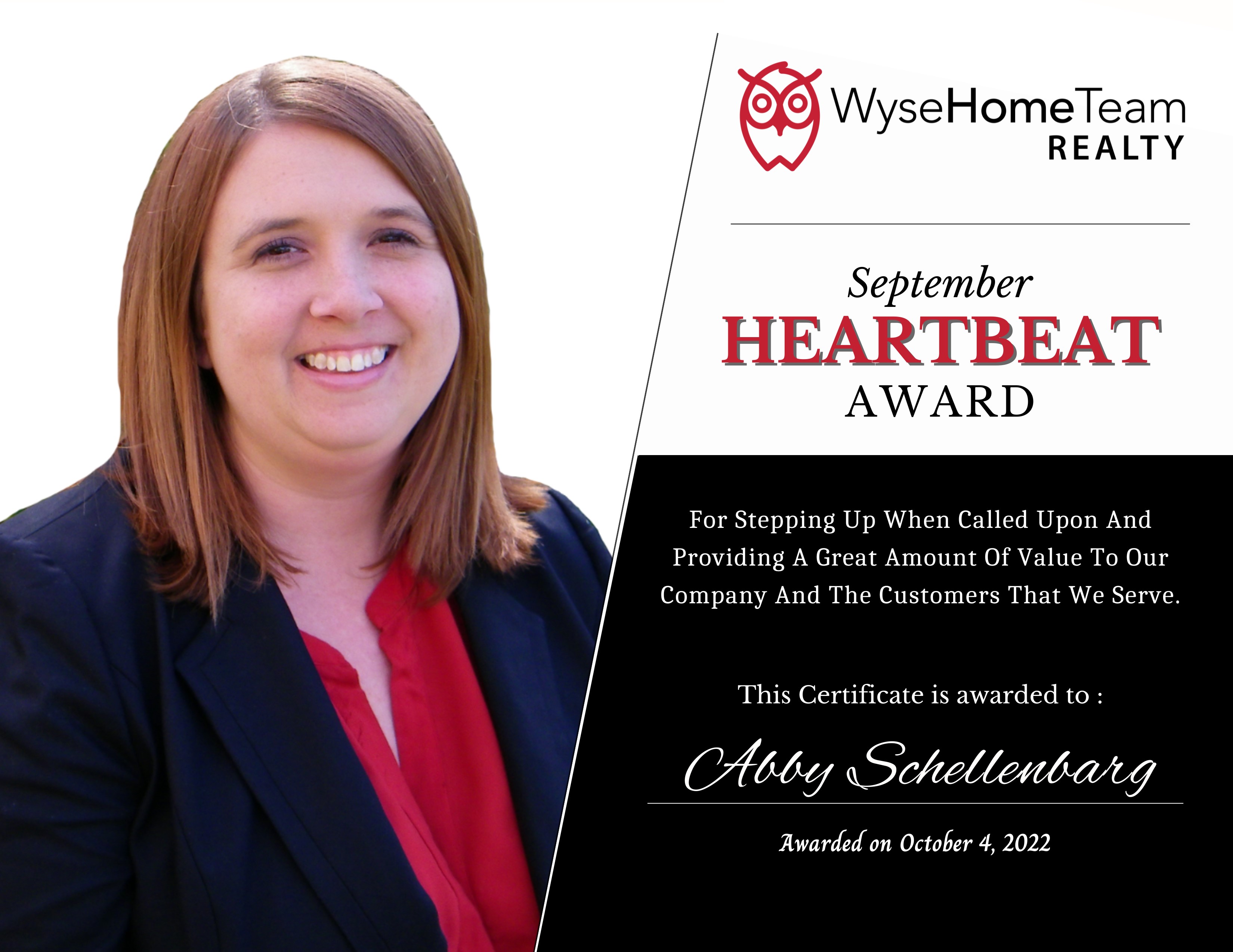 Abby Schellenbarg winner of the company-voted September 2022 Heartbeat award