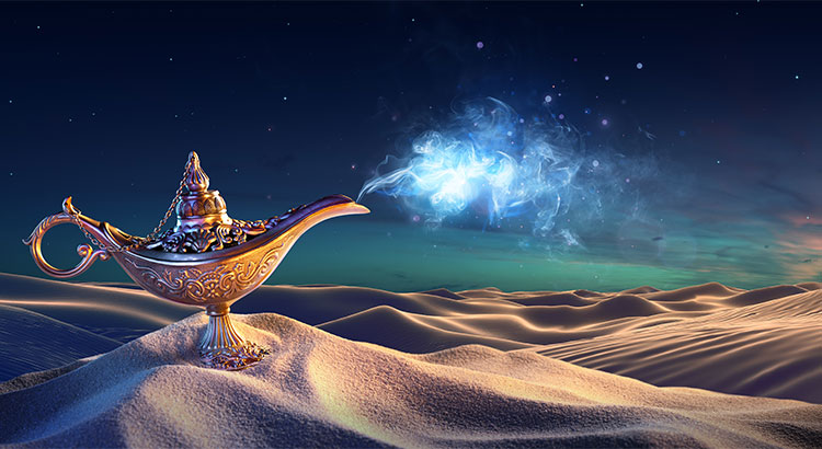 genie lamp sits on sand dune with night sky behind
