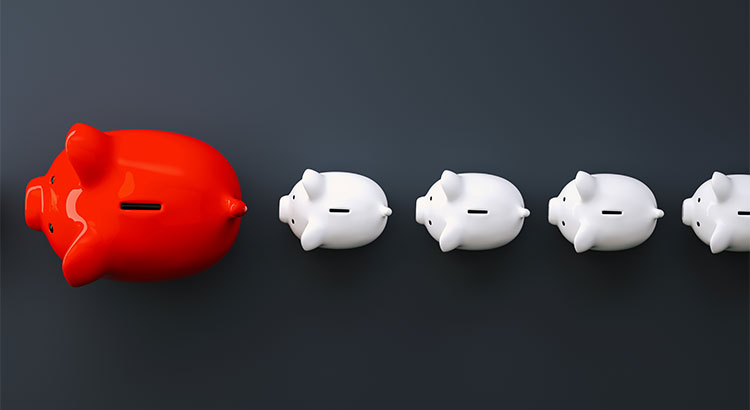 4 small white piggy banks follow larger red piggy bank on grey background