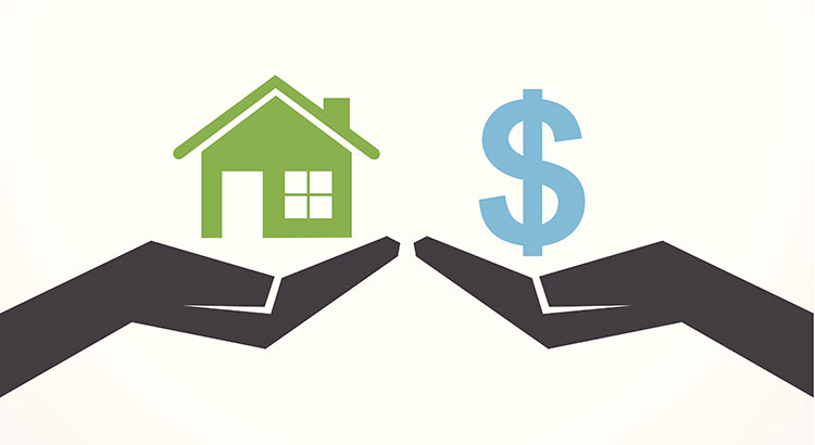 outstretched graphic hands one holding a house the other dollar sign