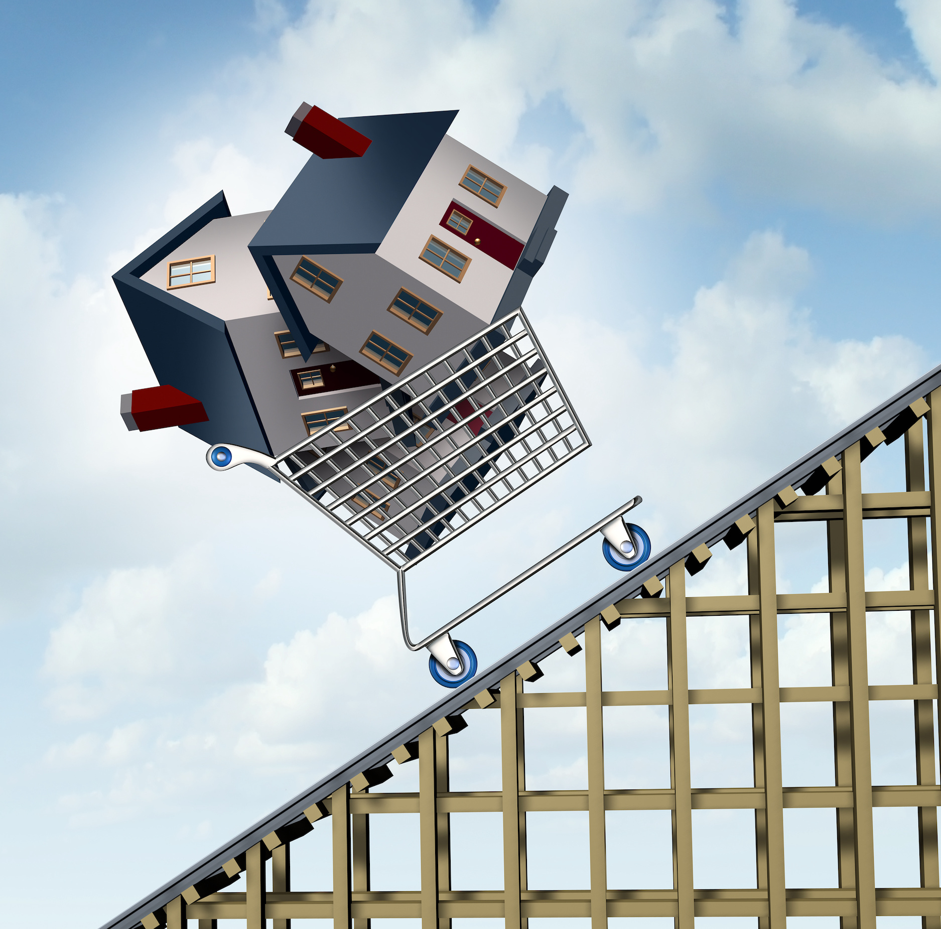 Shopping Cart full of homes going up rollercoaster