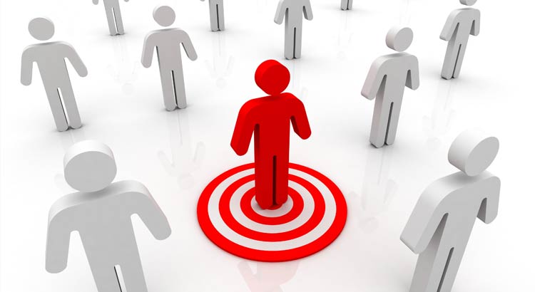grey male symbols surround a red one standing on a bulls eye