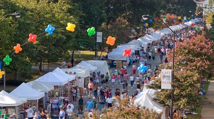 Lazy Daze Festival in Cary, North Carolina - Balloons over white tents for festival