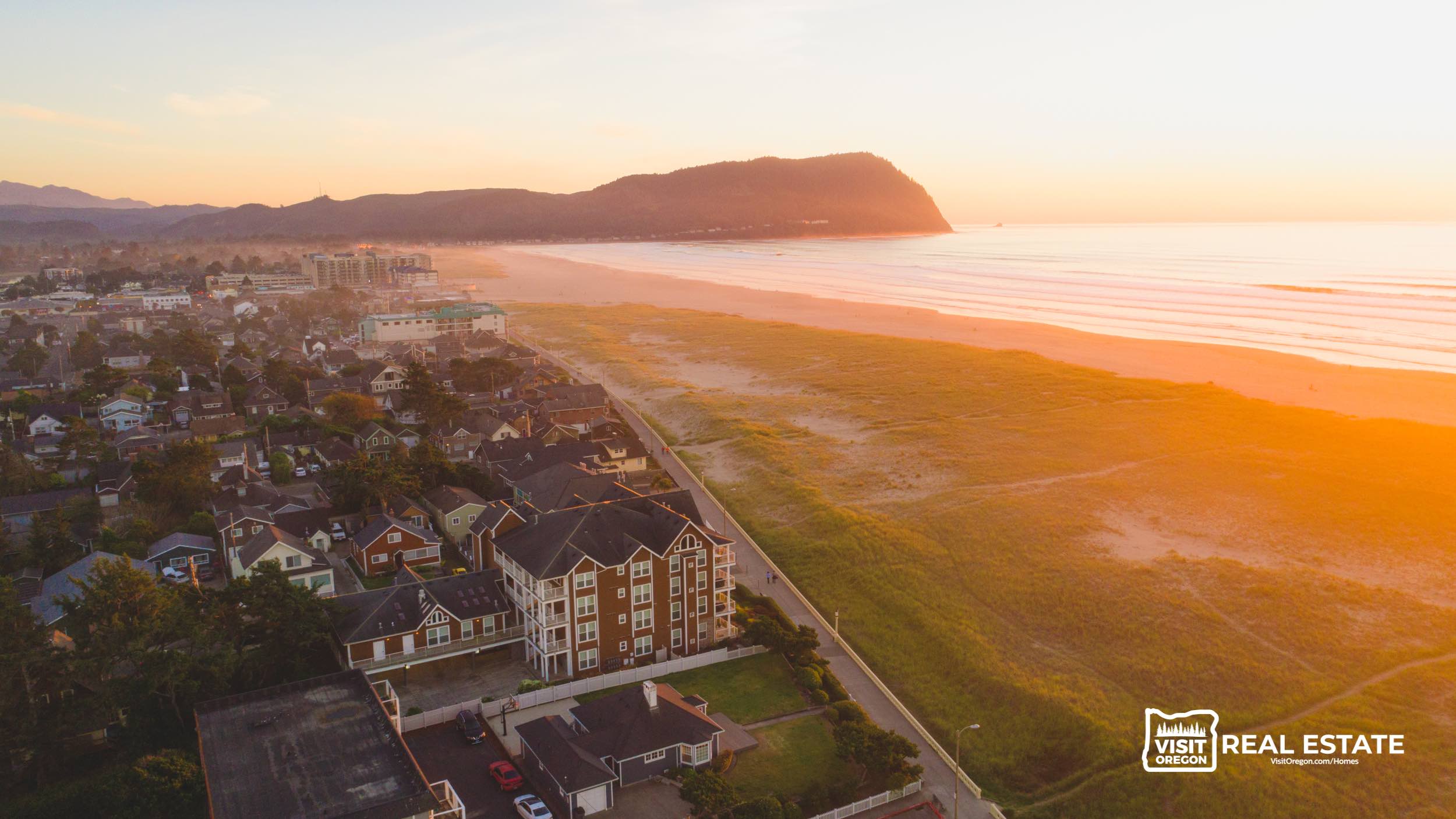 Drone shot of Oceanfront homes on the prom in Seaside Oregon.