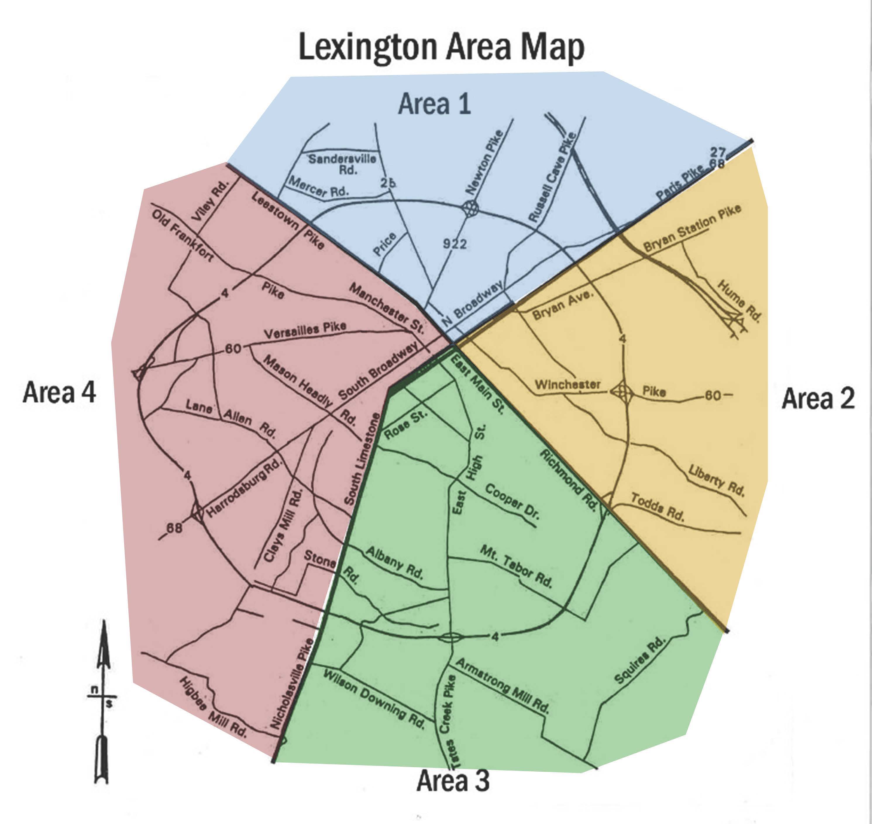 Map of Lexington showing the 4 grouping areas of the Lexington real estate market