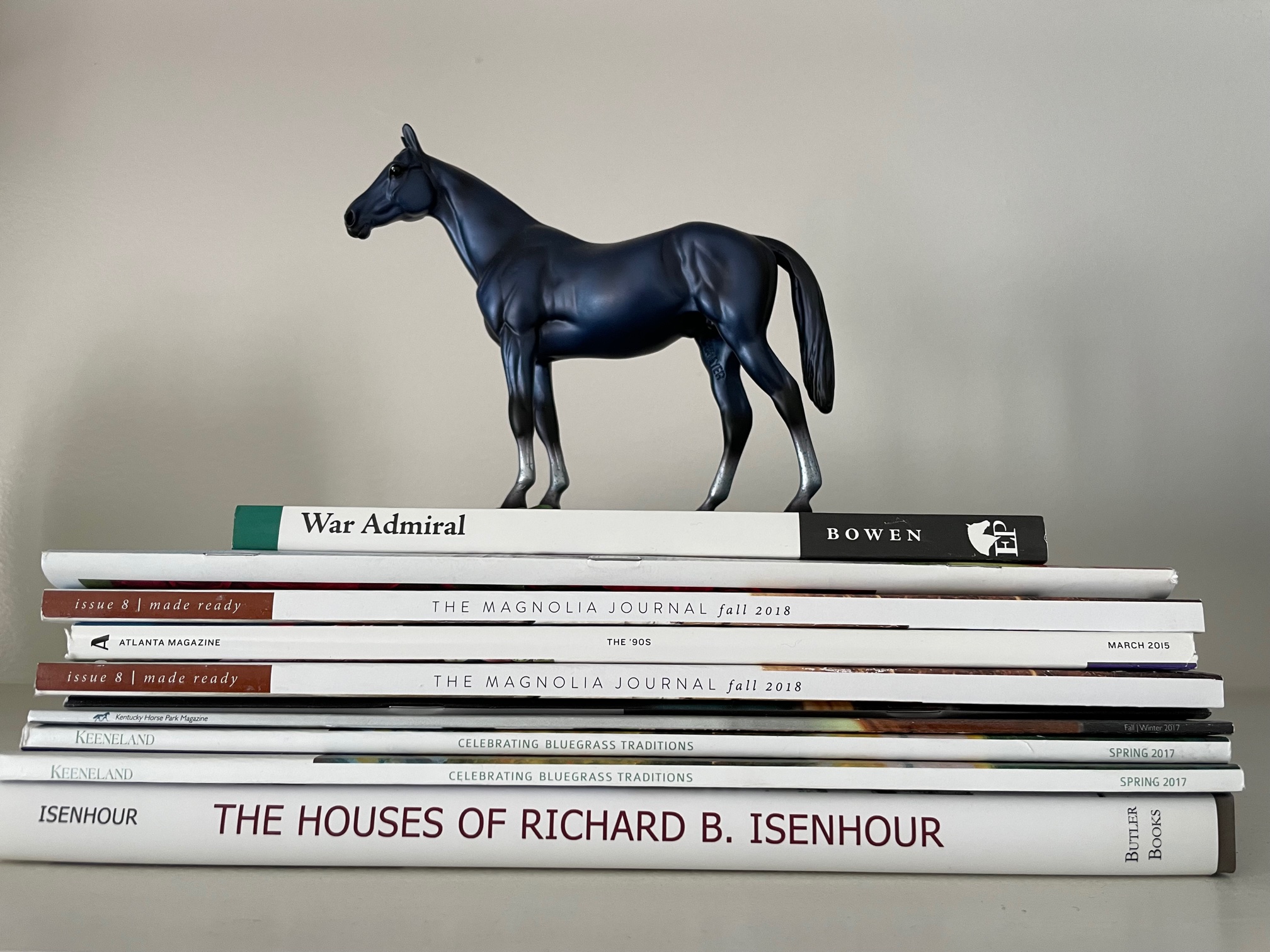 Image of horse on bookstack used in Kentucky home