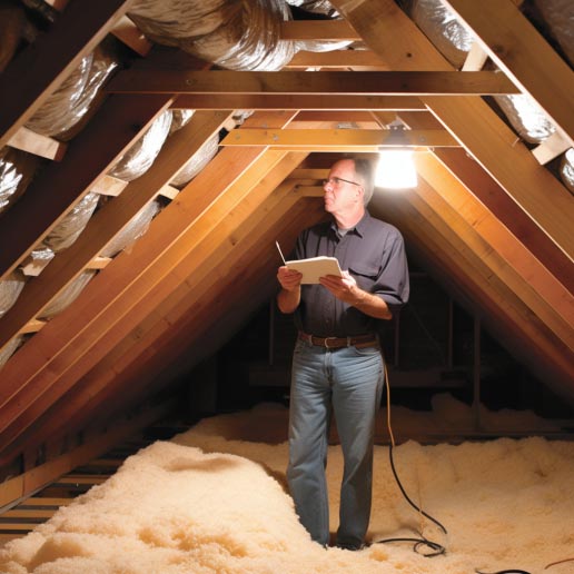 Man in attic with clipboard