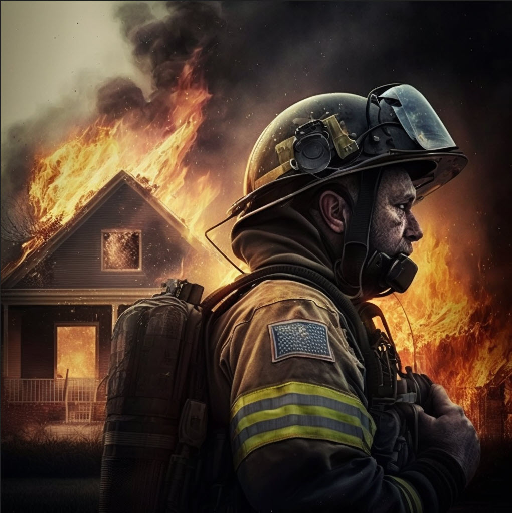 Fireman in front of burning house