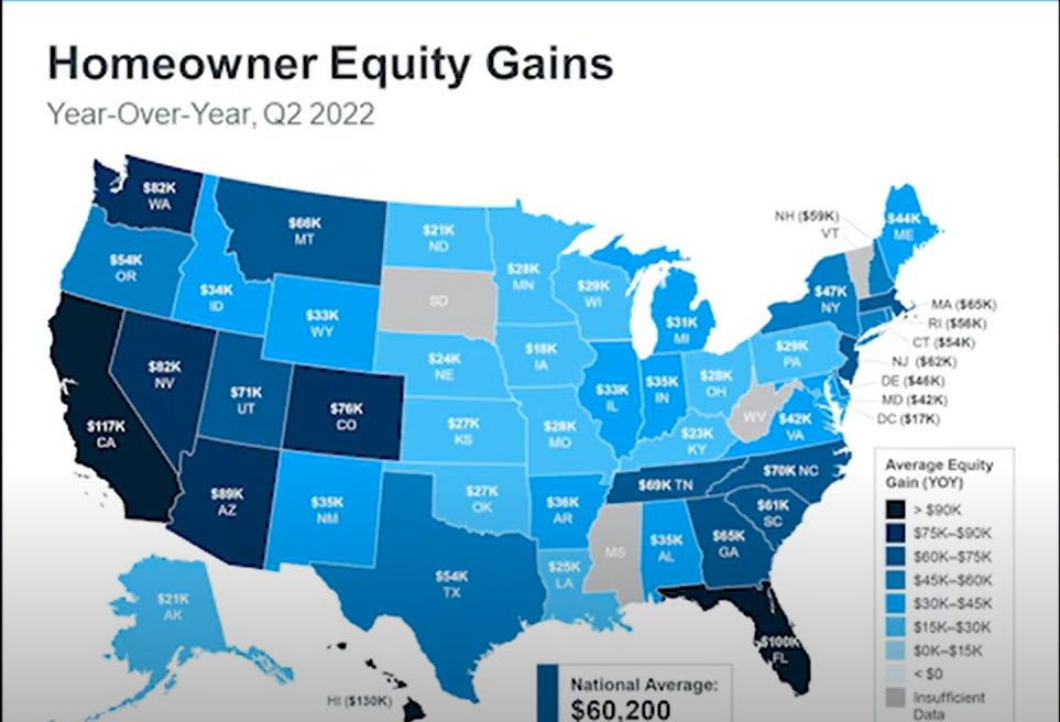 Map showing home owner equity gains 2022