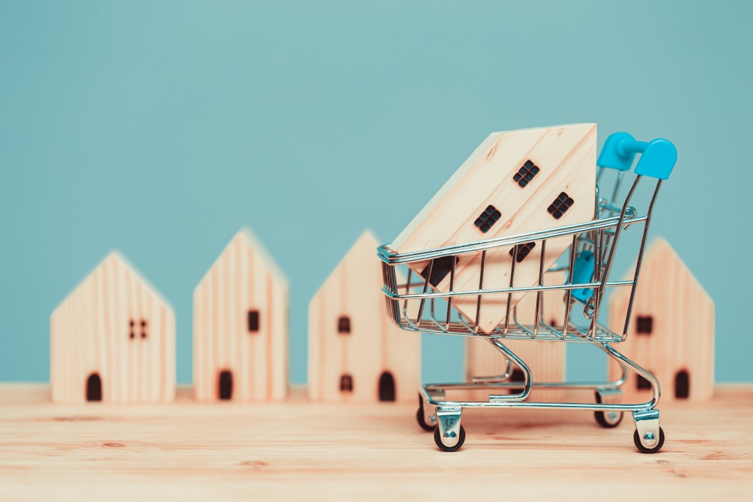 miniature shopping cart with a model home in basket and shopping for wood model homes