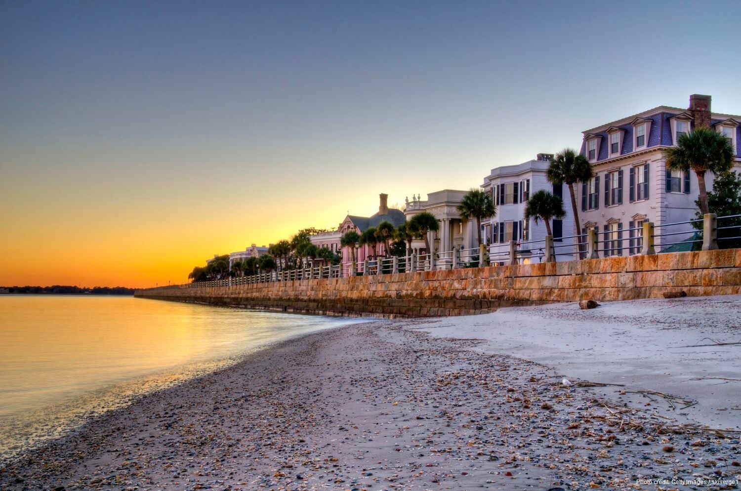 Charleston Battery Homes and Real Estate Located in the South of Broad Neighborhoods in Charleston South Carolina at Sunset