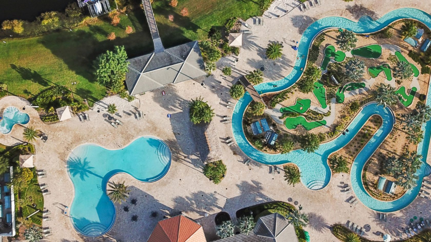 image from above of a lazy river flowing through a Florida living resort