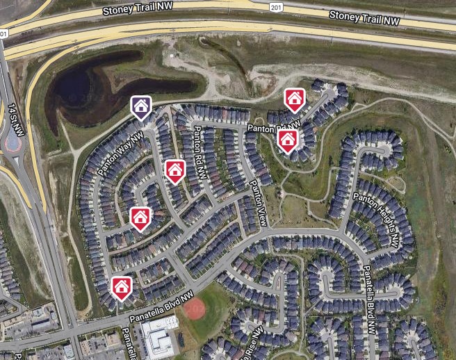 Satellite view of Panton area of Panorama Hills showing recent home sales 