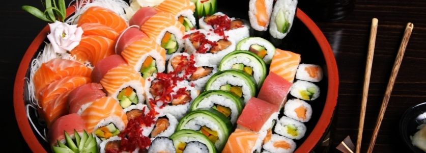 Bright colored sushi in a tray 