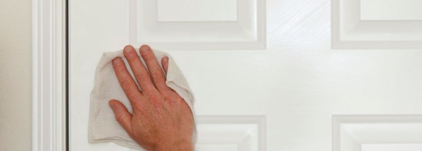 A hand dusting the door with a towel 