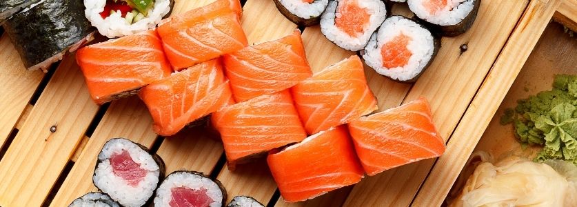 Salmon sushi on a board 
