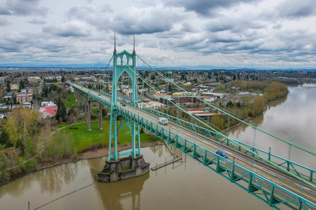 St. John's Bridge over the Willamette River in Cathedral Park in North Portland, Oregon