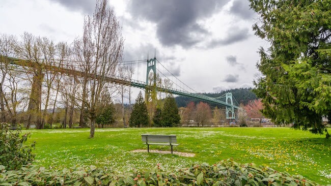 St. John's Bridge over the Willamette River in Cathedral Park, Portland, Oregon