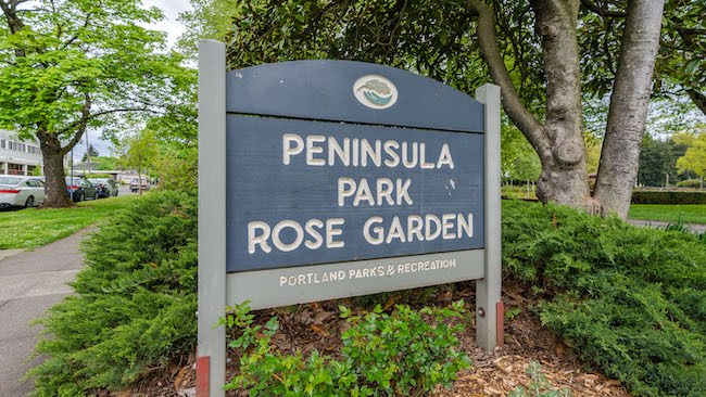 Peninsula Park Rose Garden Sign in Piedmont, North Portland, Oregon