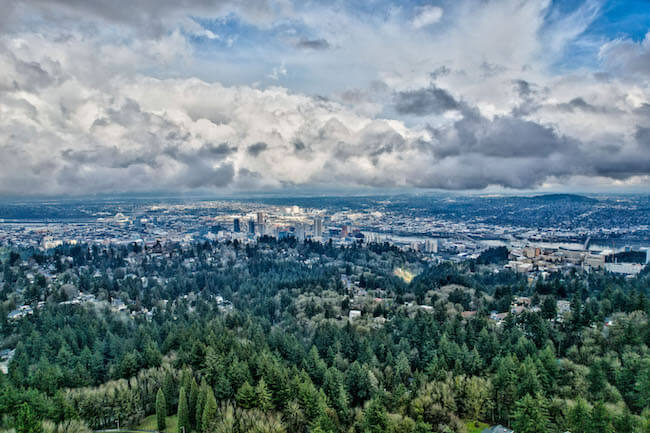 Views of the City of Portland and Trees from Council Crest Park in Council Crest, Southwest Portland, Oregon