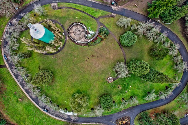 Overhead View of the Watertower and Walking Path in Council Crest Park, Council Crest, Southwest Portland, Oregon