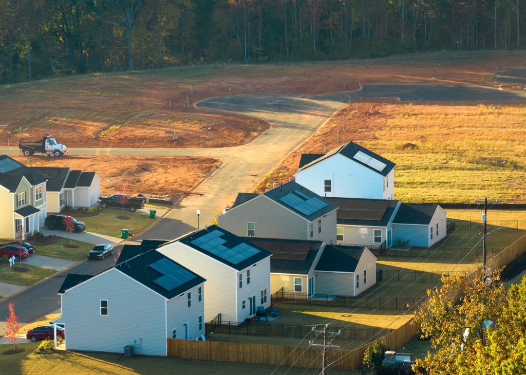 #5. South Carolina An aerial view of a real estate development's construction site of new, tightly packed homes in South Carolina.