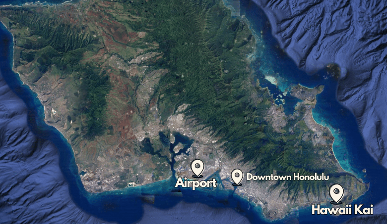 Hawaii Kai Location relative to the airport and downtown Honolulu