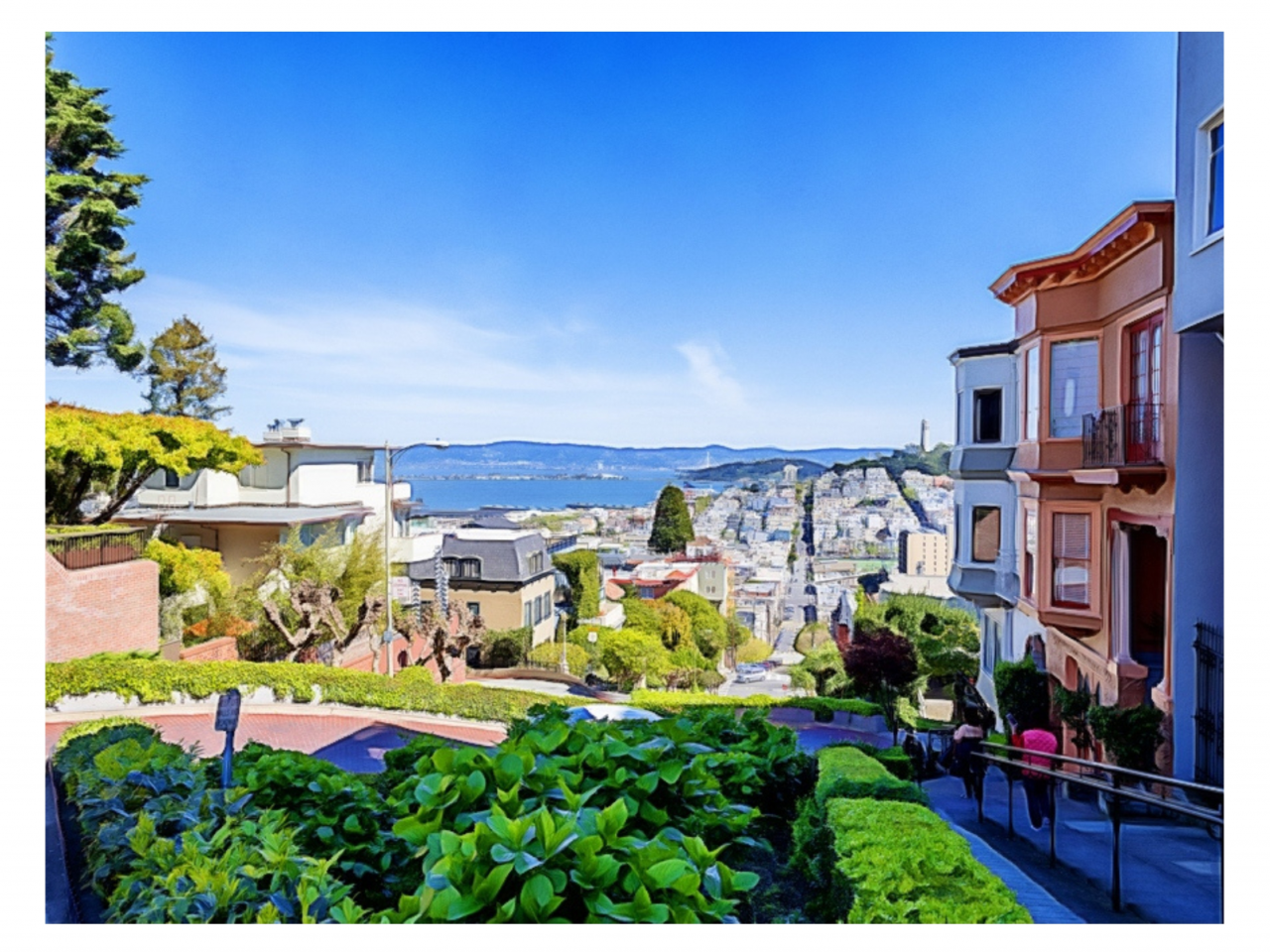 Lombard Street with Coit Tower in background
