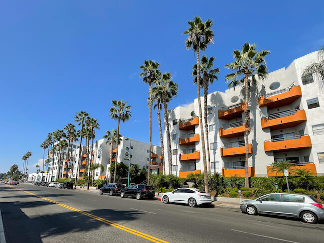 NoHo condos with palm trees in front