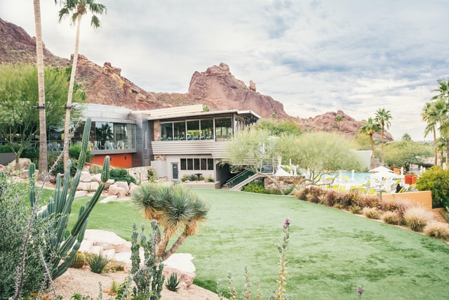 Gray contemporary style house in Arizona, surrounded by cacti and local plants.