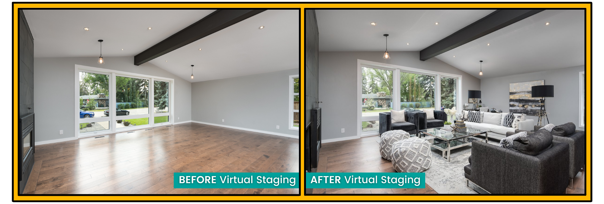 Before and after of virtual staging in a home for sale