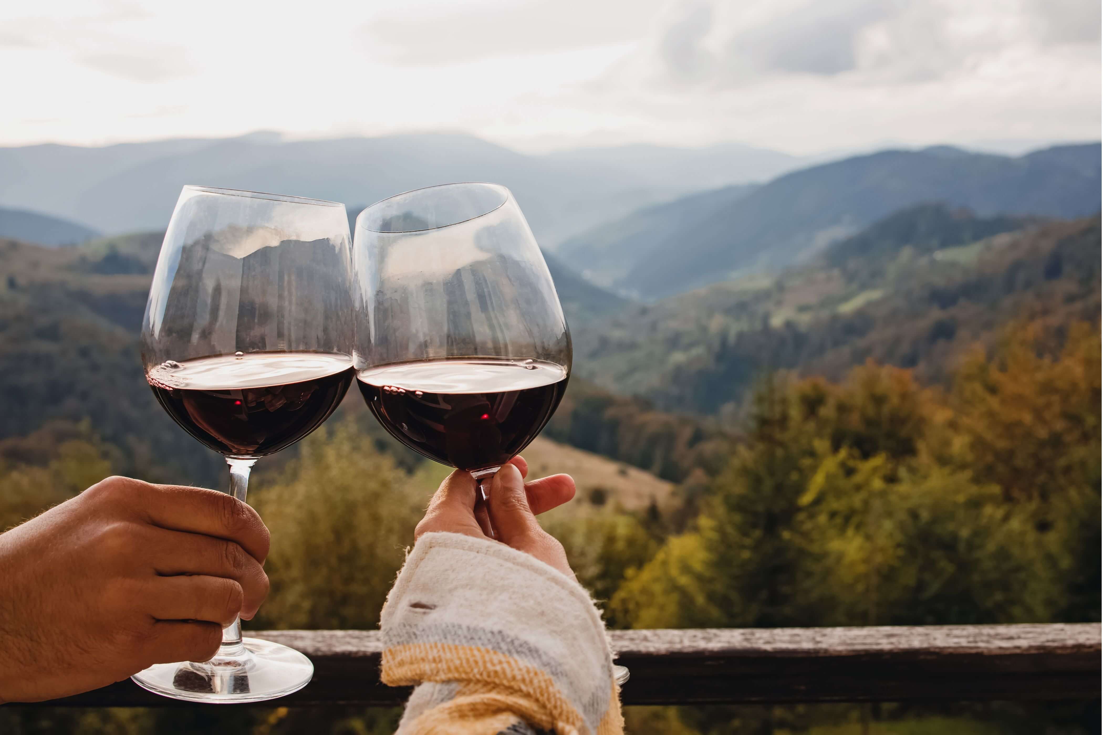 Two people clinking wine glasses with a view of the mountains in the background