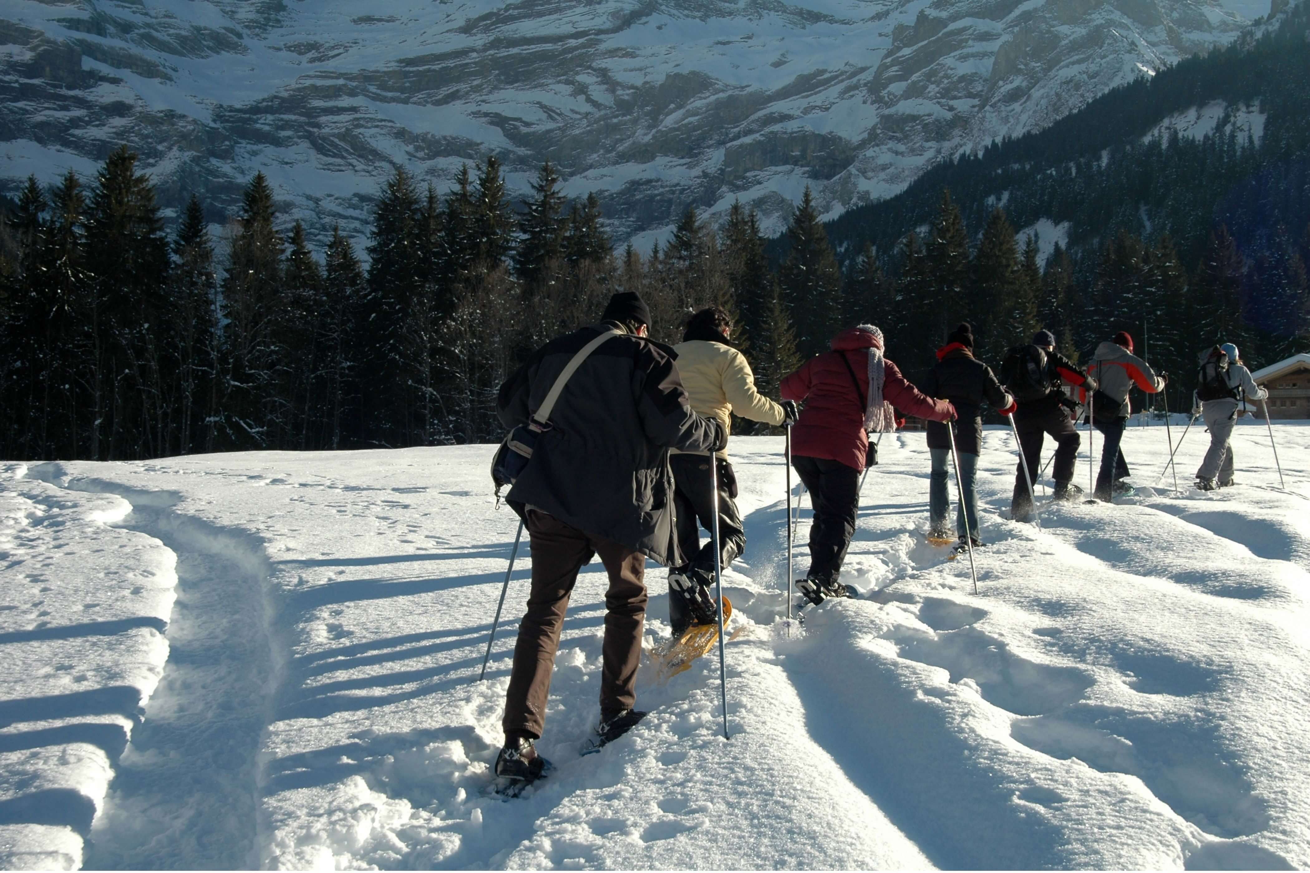 Group of people snowshoe hiking in the mountains.