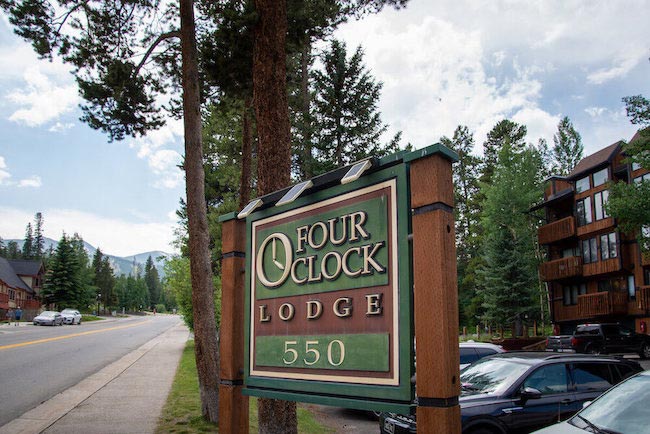 Four O'Clock Lodge Condos Sign in Breckenridge, Colorado