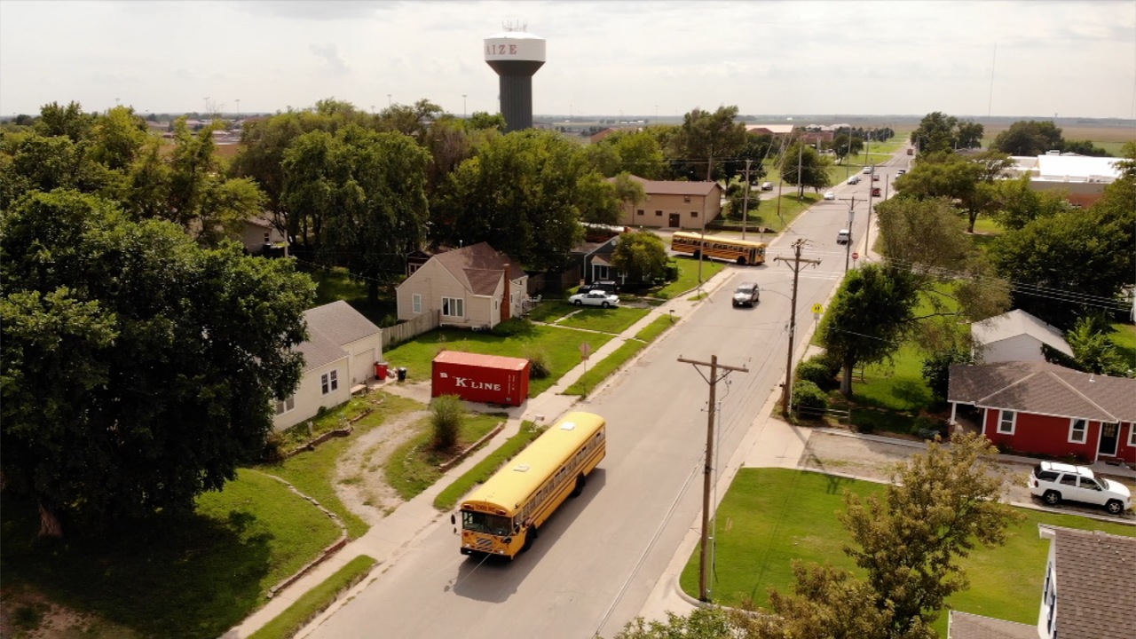 Aerial view of Main Street and water tower in Maize