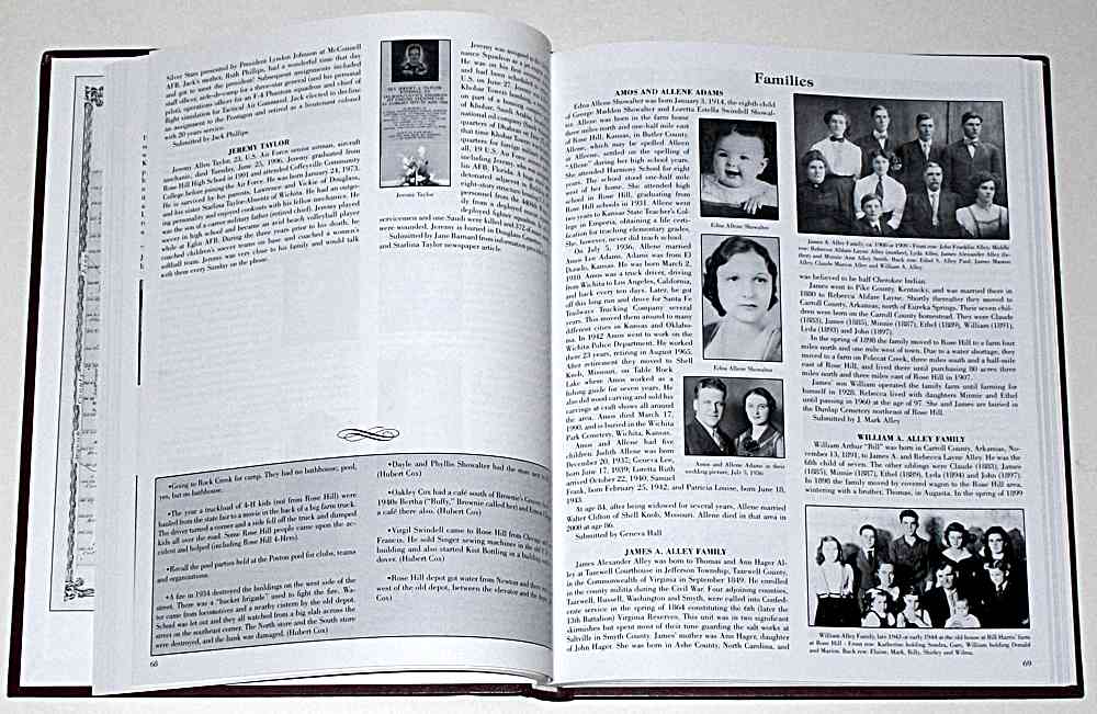 A spread in the Rose Hill History Book showing some of the early families that lived in the city