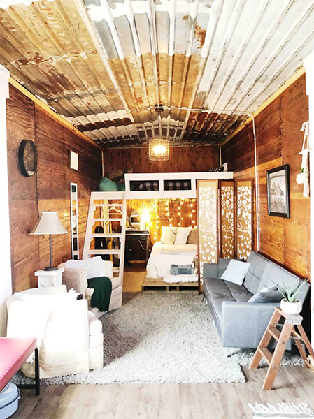 Interior shot of the Santa Fe Boxcar Airbnb from the front door