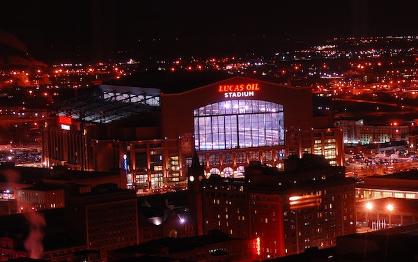 Aerial view of Indianapolis, Indiana, with a focus on Lucas Oil